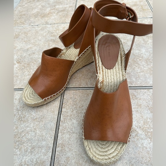 Celine Tan Jute Leather Wrap around Wedge Platform Espadrilles - Picture 2 of 16